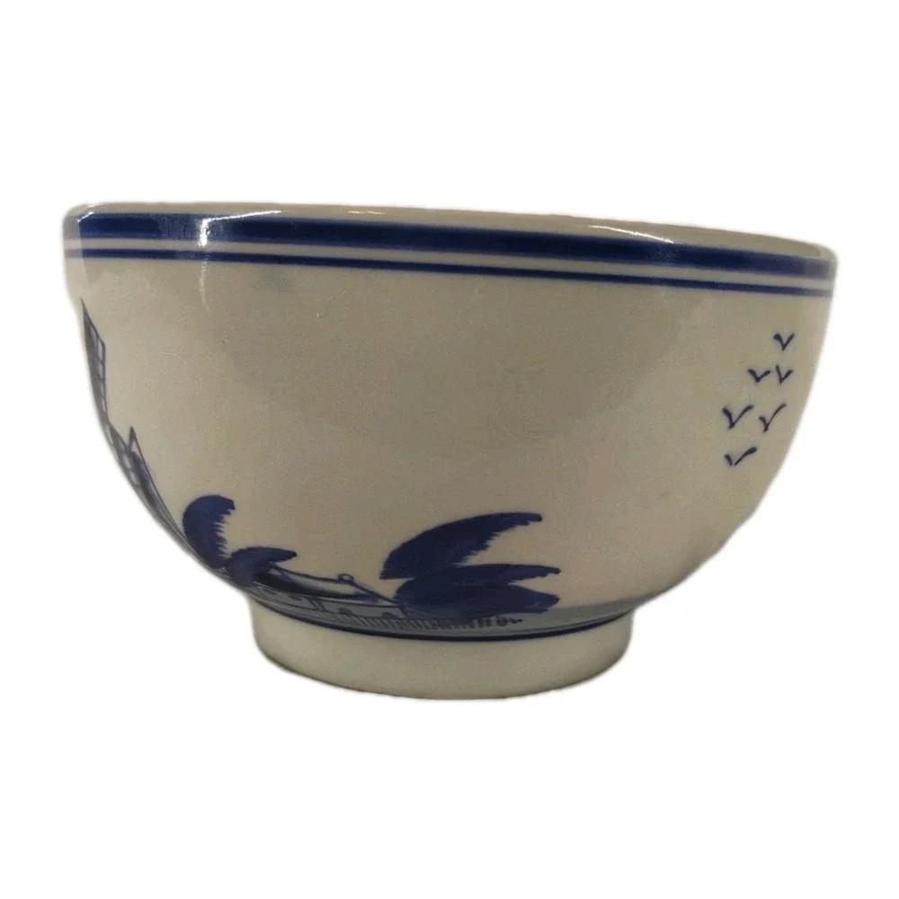 Vintage Delft Style Ceramic Cereal Bowl Blue & Cream Holland Windmills Sailboats